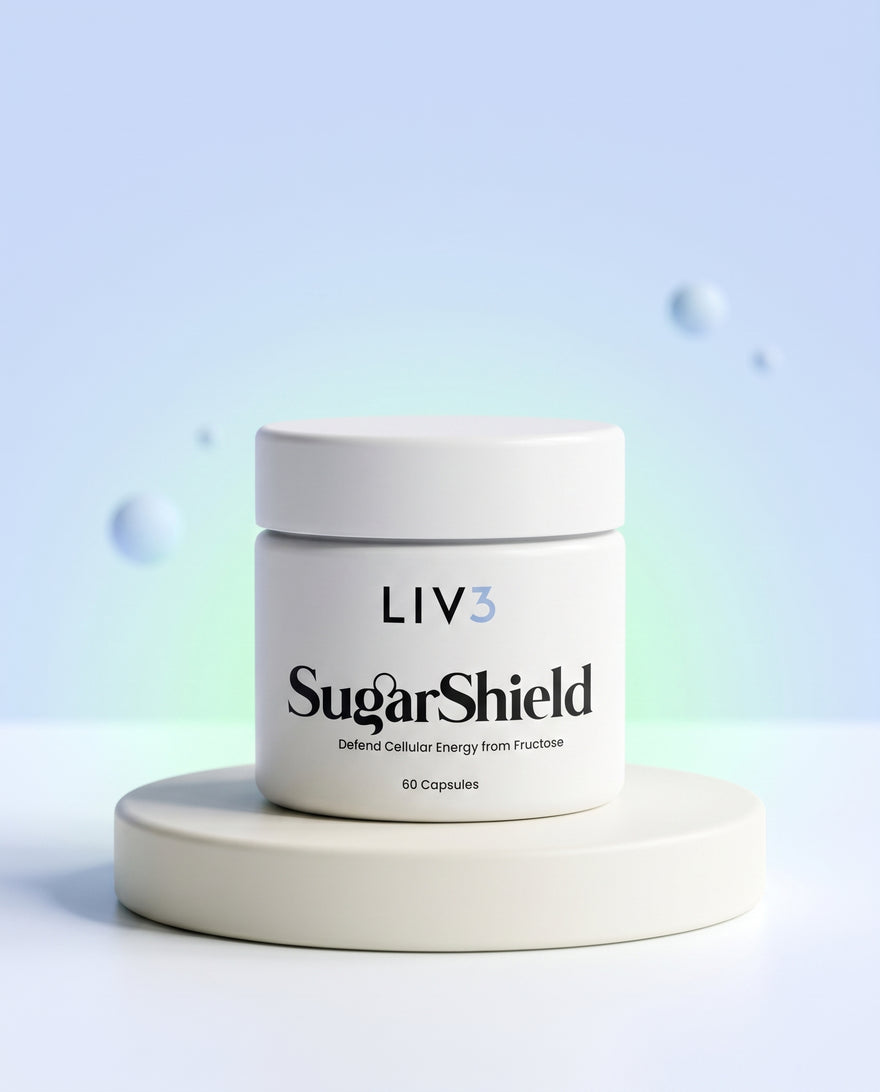 SugarShield by LIV3 Health supplement jar on a soft pastel pedestal