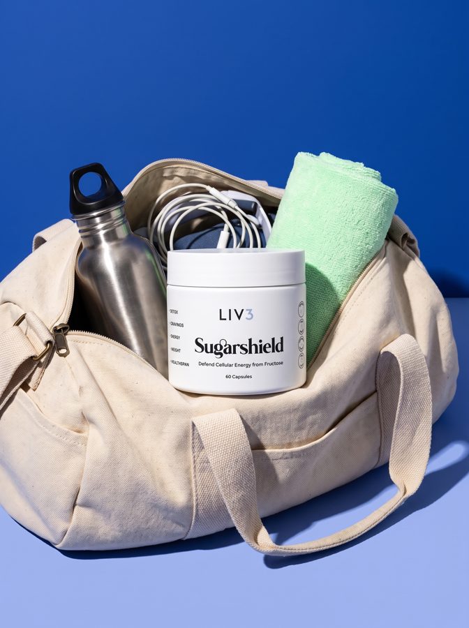 SugarShield jar tucked in a gym bag
