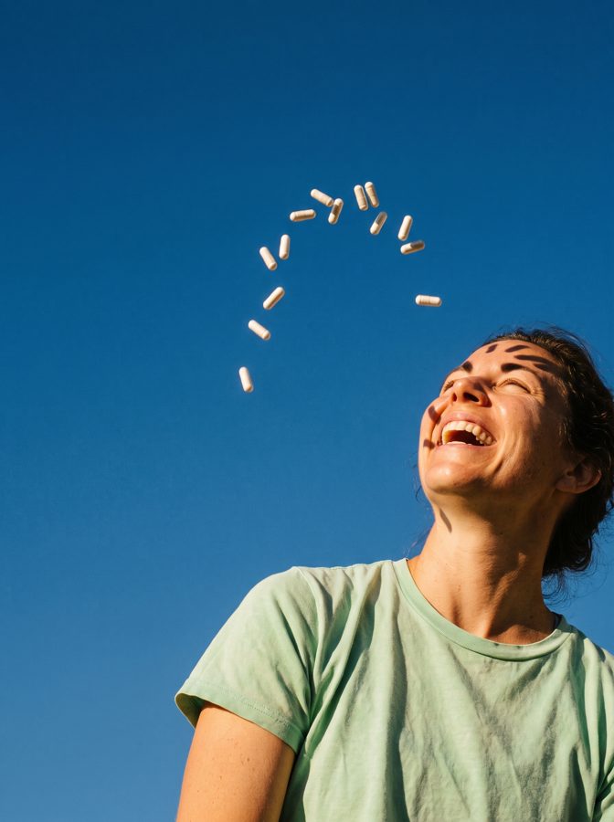 Woman tossing capsules into the air against a blue sky