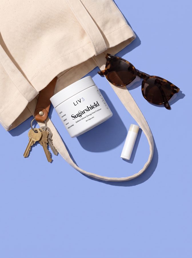 SugarShield jar in a tote bag with keys and sunglasses